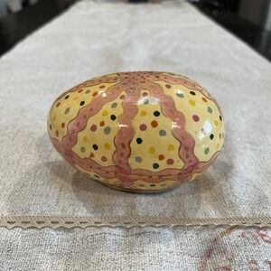 VTG Handmade Lacquered Easter Egg Paper Mache Yellow Pink